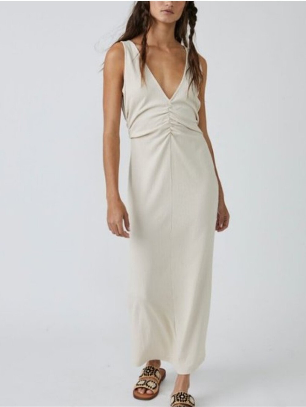 Free People Beach Lyla Cream V-Neck Ruched Maxi Dress